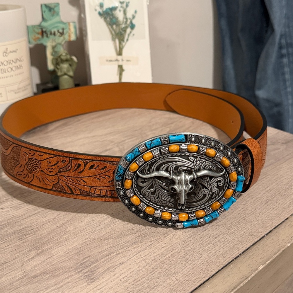 Brown Tooled Leather Belt with Blue Accents